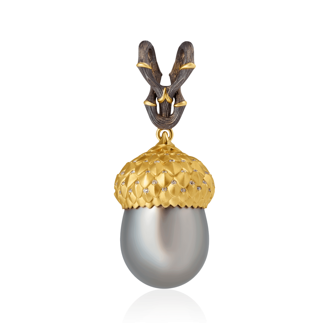 Кулон Желудь с жемчугом, бриллиантами из желтого золота 750 пробы (арт. 102199)