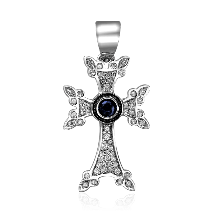 Крест с сапфиром, бриллиантами из белого золота 750 пробы (арт. 65001)