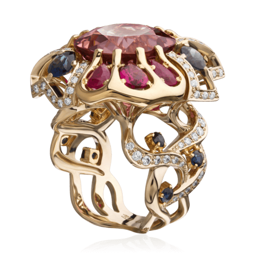 Кольцо с турмалином, рубином, сапфиром, бриллиантами из желтого золота 750 пробы, фото № 3