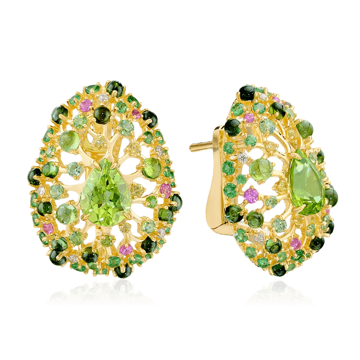 Серьги с хризолитом, бриллиантами, турмалином, демантоидом, тсаворитом, цветными сапфирами из желтого золота 750 пробы, фото № 1