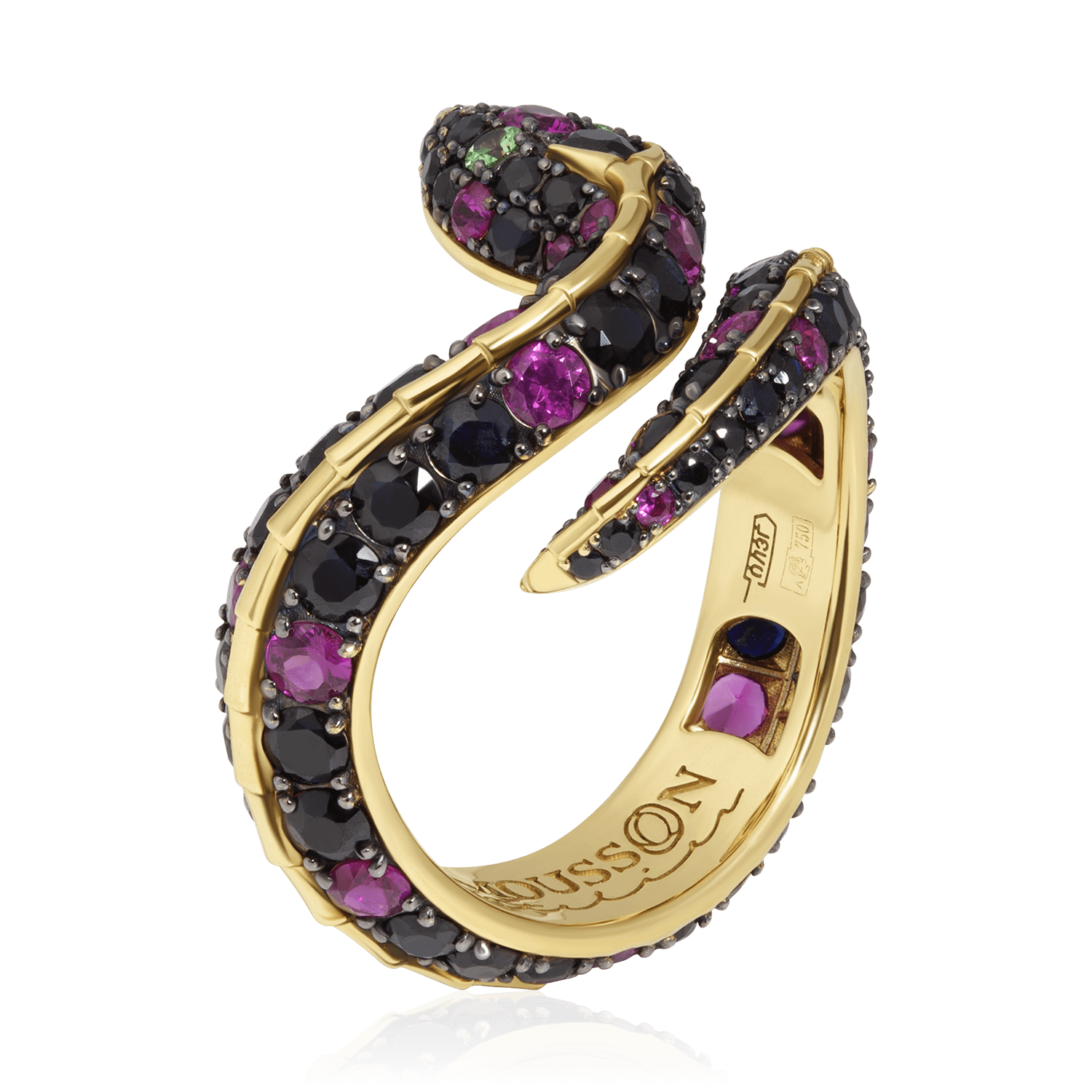 Кольцо Змея с черными сапфирами, рубином, тсаворитом из желтого золота 750 пробы, фото № 1