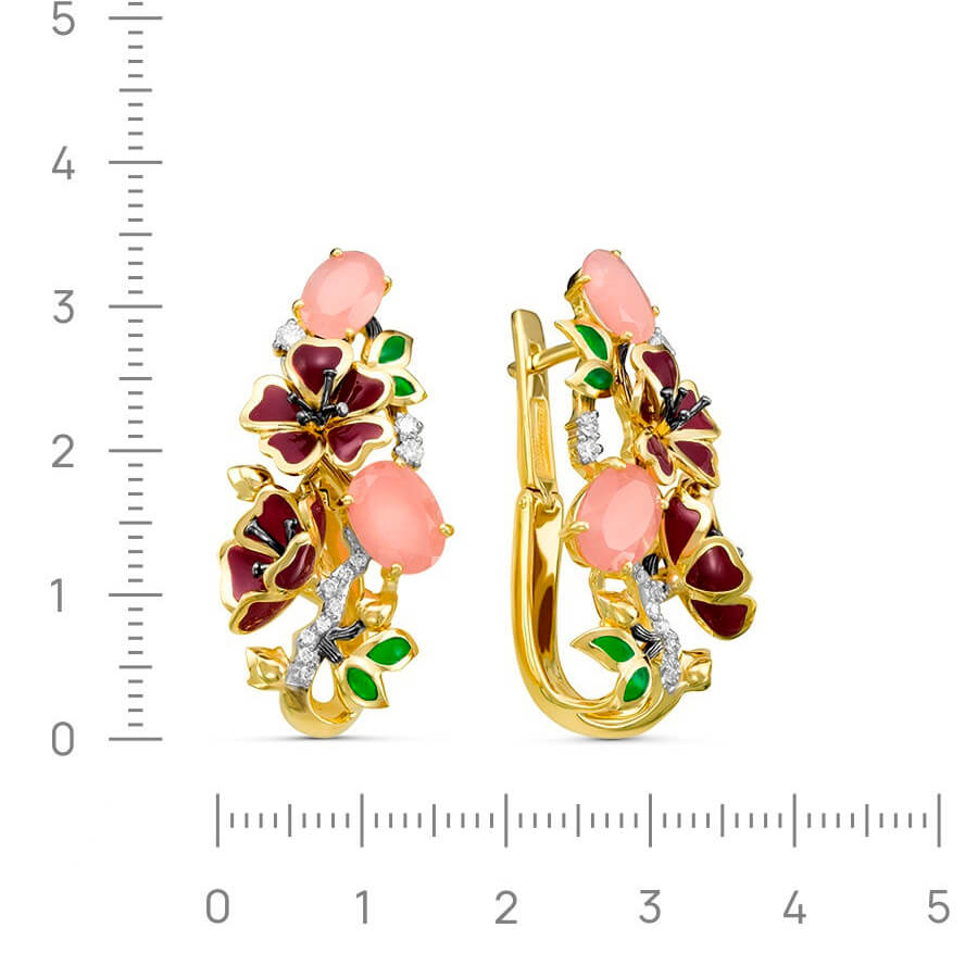 Серьги цветы с бриллиантами, кварцем, эмалью из желтого золота 585 пробы, фото № 3