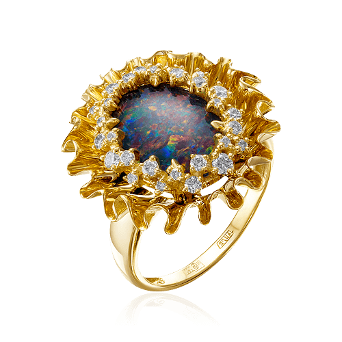 Кольцо с опалом, бриллиантами из желтого золота 585 пробы, фото № 1