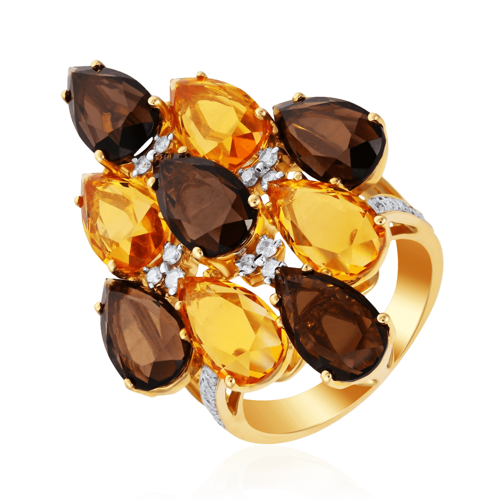Кольцо с цитрином, раухтопазом, бриллиантами из желтого золота 585 пробы (арт. 87470)