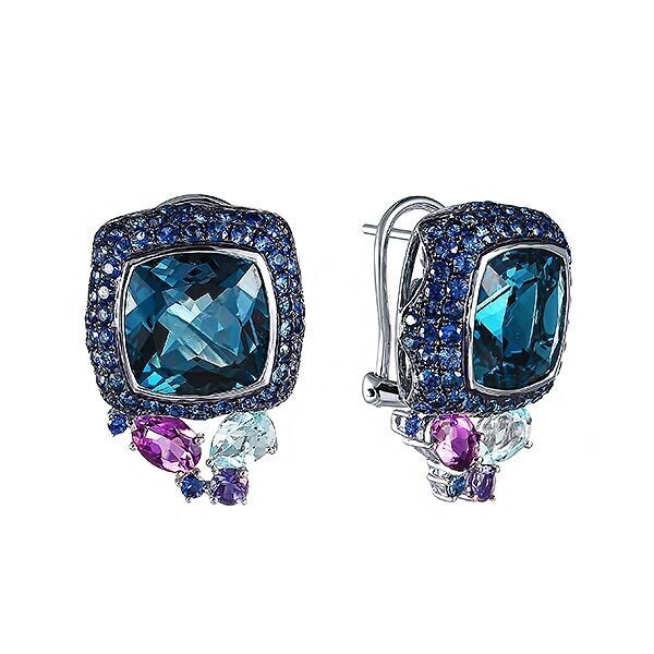 Серьги с топазом, сапфиром, аметистом из белого золота 585 пробы, фото № 2