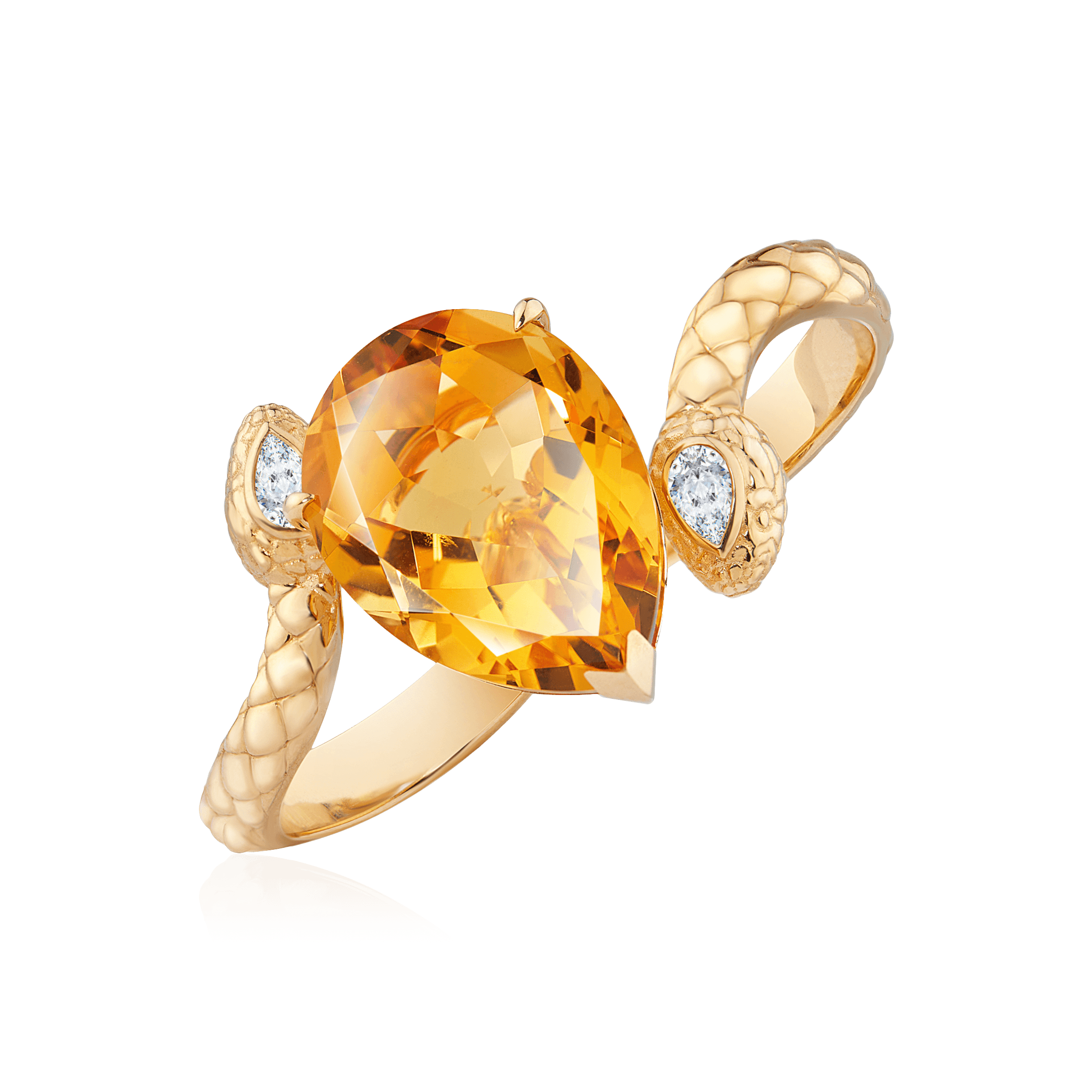 Кольцо на два пальца с цитрином, бриллиантами из желтого золота 750 пробы (арт. 102620)