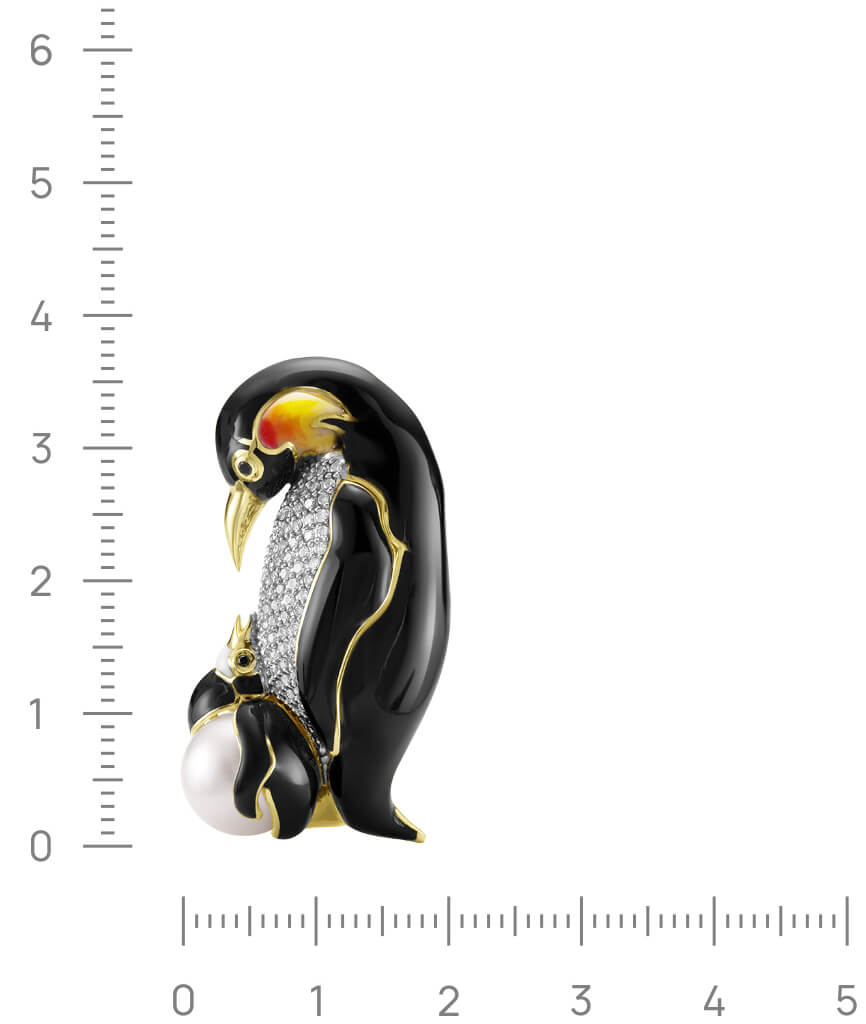 Брошь Пингвины с жемчугом, эмалью, бриллиантами из комбинированного золота 585 пробы, фото № 5