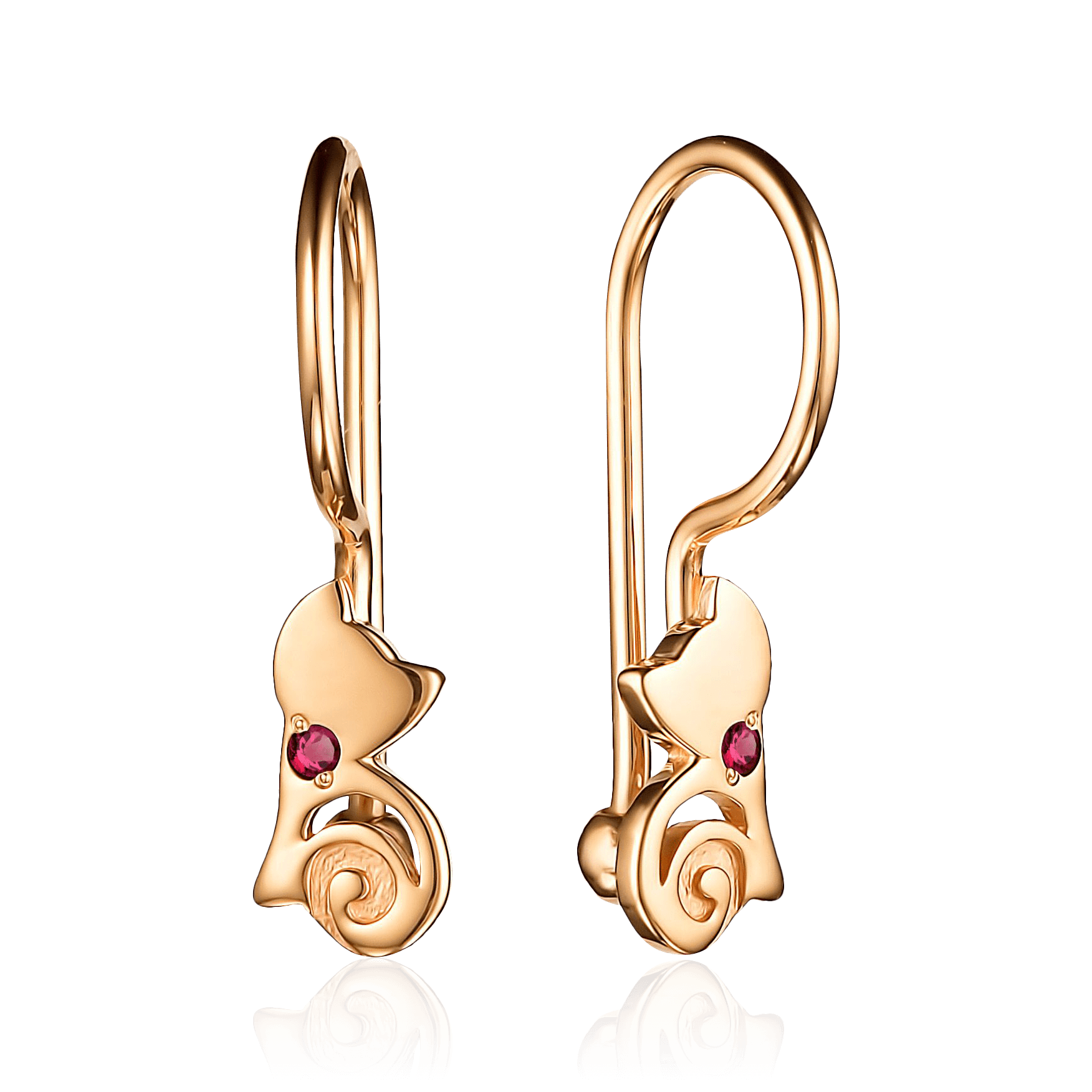 Серьги в виде кошечек с рубином из красного золота 585 пробы, фото № 1
