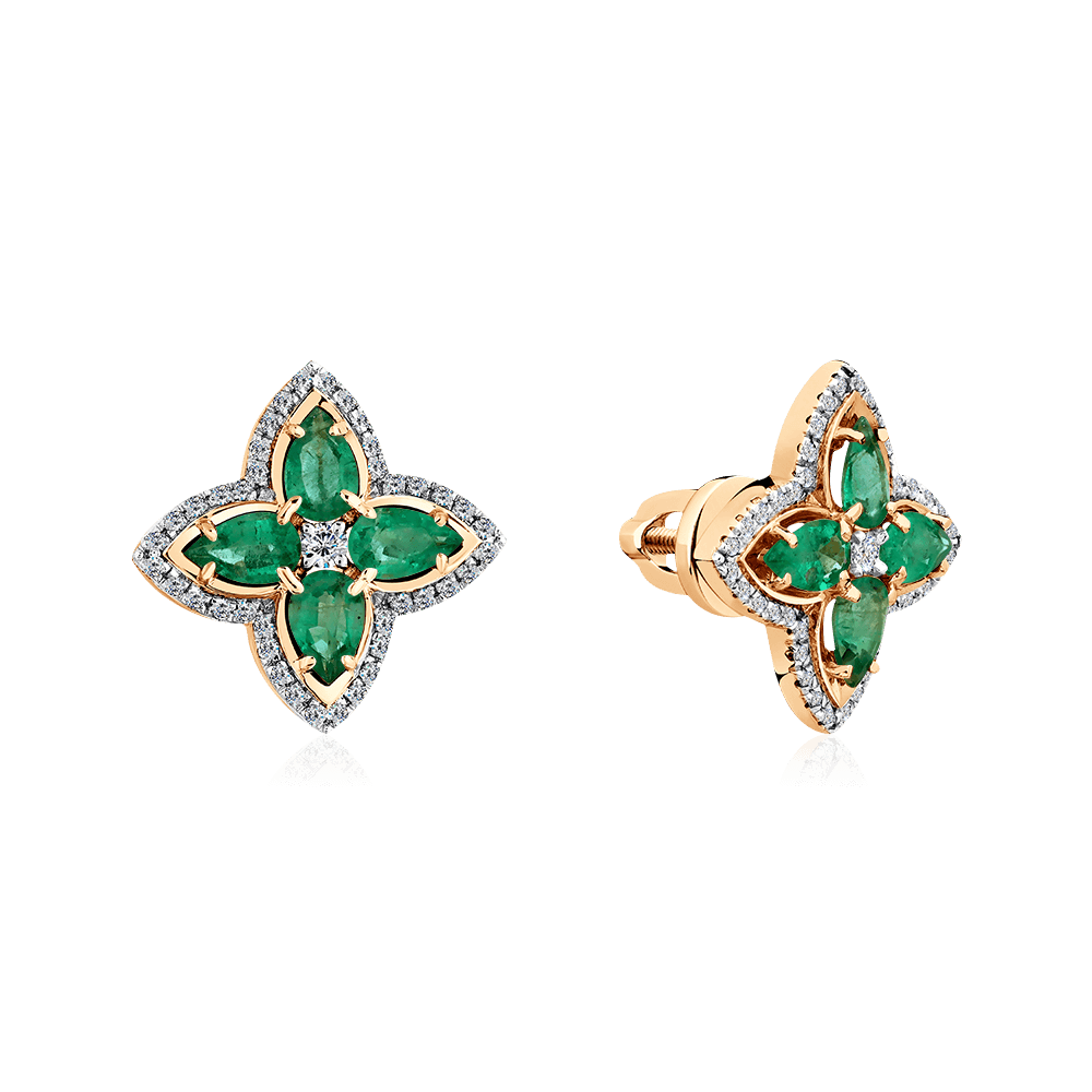 Серьги с изумрудом, бриллиантами из красного золота 585 пробы (арт. 108467)