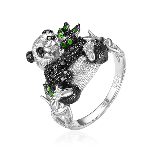 Кольцо Панда с тсаворитами, бриллиантами из белого золота 585, фото № 1