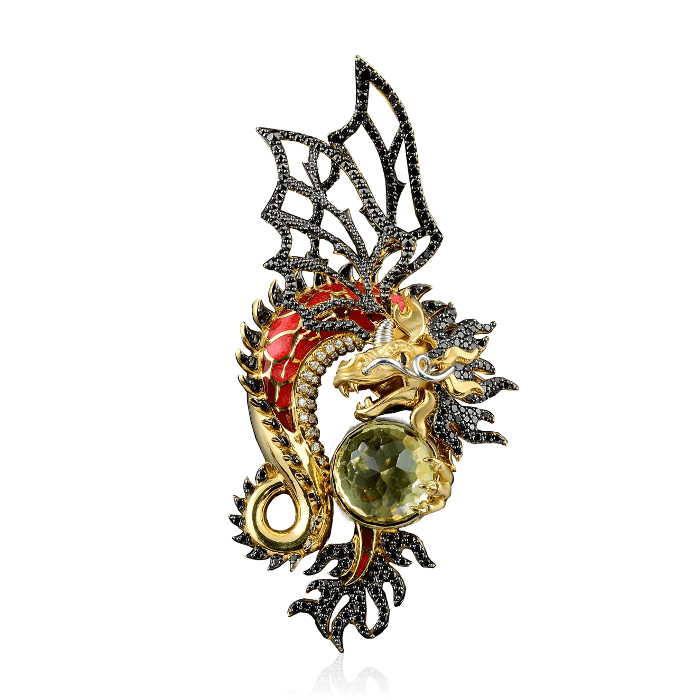 Кулон Дракон с цитрином, белыми и черными бриллиантами, эмалью в желтом золоте 750 пробы, фото № 1