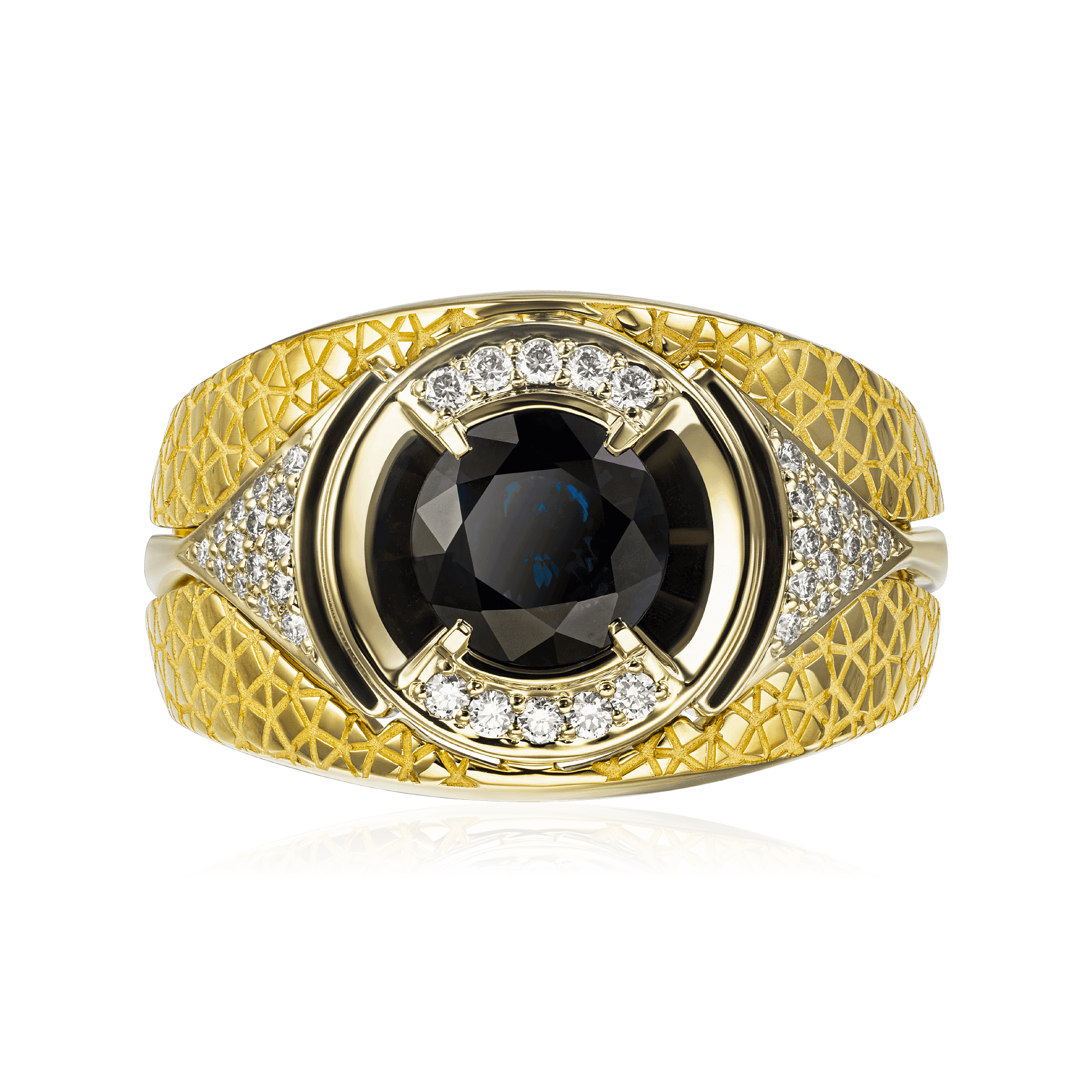 Мужское кольцо с сапфиром, бриллиантами из комбинированного золота 750 пробы, фото № 2