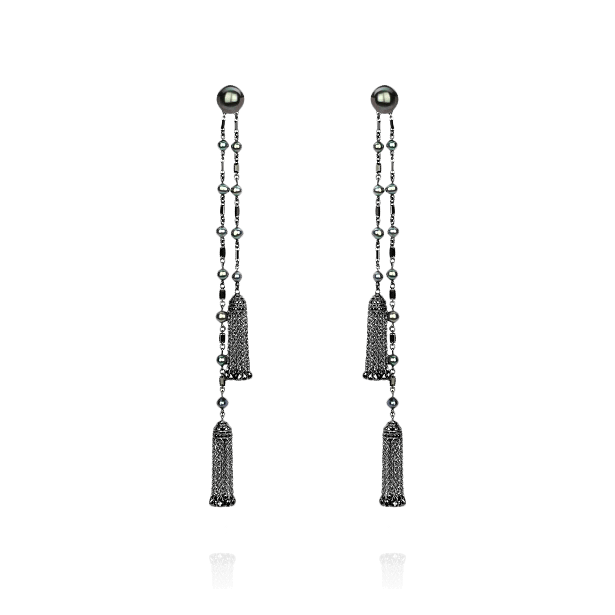 Длинные серьги с жемчугом, бриллиантами из черного золота 750 пробы (арт. 98036)