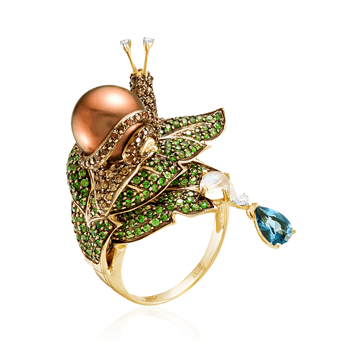 Кольцо Улитка с жемчугом, тсаворитом, лунным камнем, лондон топазом, бриллиантами из желтого золота 585 пробы (арт. 49093)