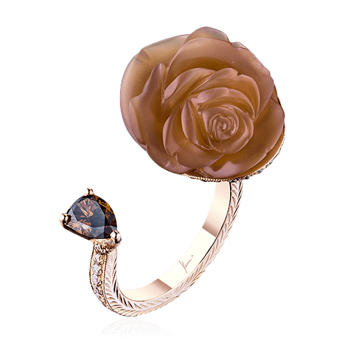 Кольцо с резным перламутром в виде розы, бриллиантами из розового золота 750 пробы, фото № 1