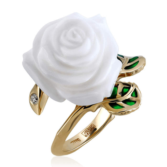 Кольцо Роза с кахолонгом, эмалью, бриллиантами из желтого золота 585 пробы, фото № 1