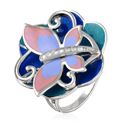Серебряное кольцо с фианитами Swarovski в виде цветка и бабочки в ювелирной эмали (арт. 44694)