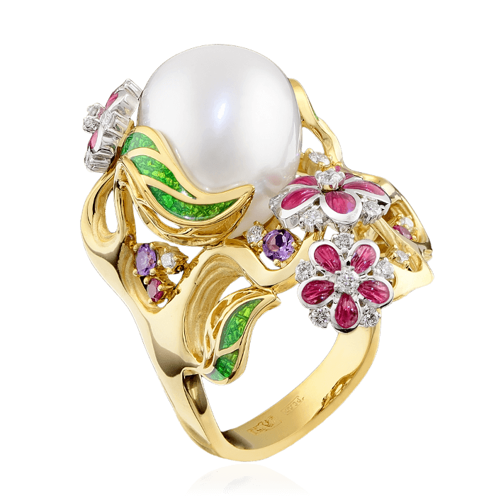 Кольцо цветы с жемчугом, бриллиантами, рубином, аметистом, эмалью, сапфиром фантазийным из желтого золота 750 пробы (арт. 37709)