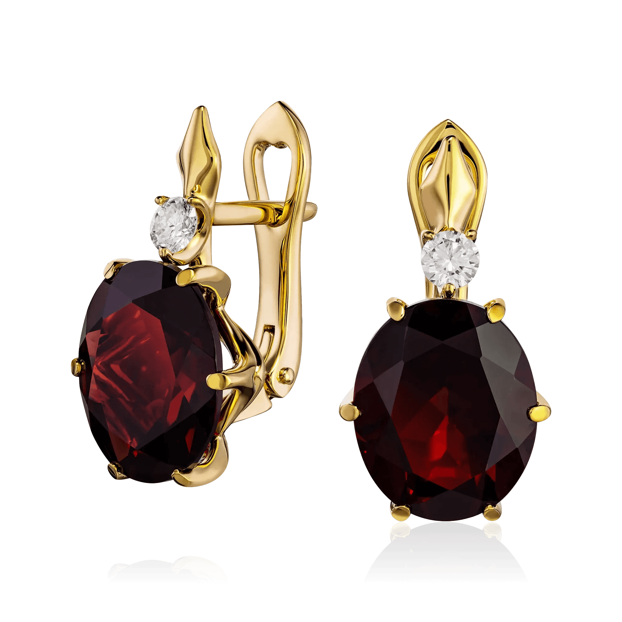Серьги с гранатом, бриллиантами из желтого золота 750 пробы (арт. 123459)