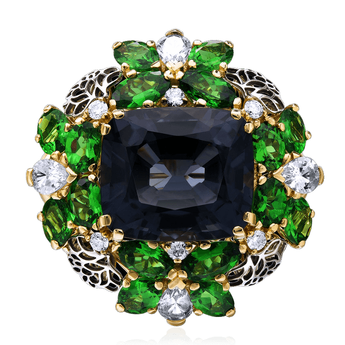 Кольцо с шпинелью, бриллиантами, тсаворитом, цветными сапфирами из комбинированного золота 750 пробы, фото № 3