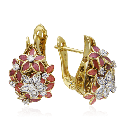 Серьги Цветы с бриллиантами, эмалью из комбинированного золота 750 пробы (арт. 13259)