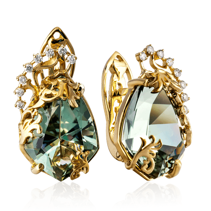 Серьги Княгиня с празеолитом, бриллиантами из желтого золота 585 пробы, фото № 1