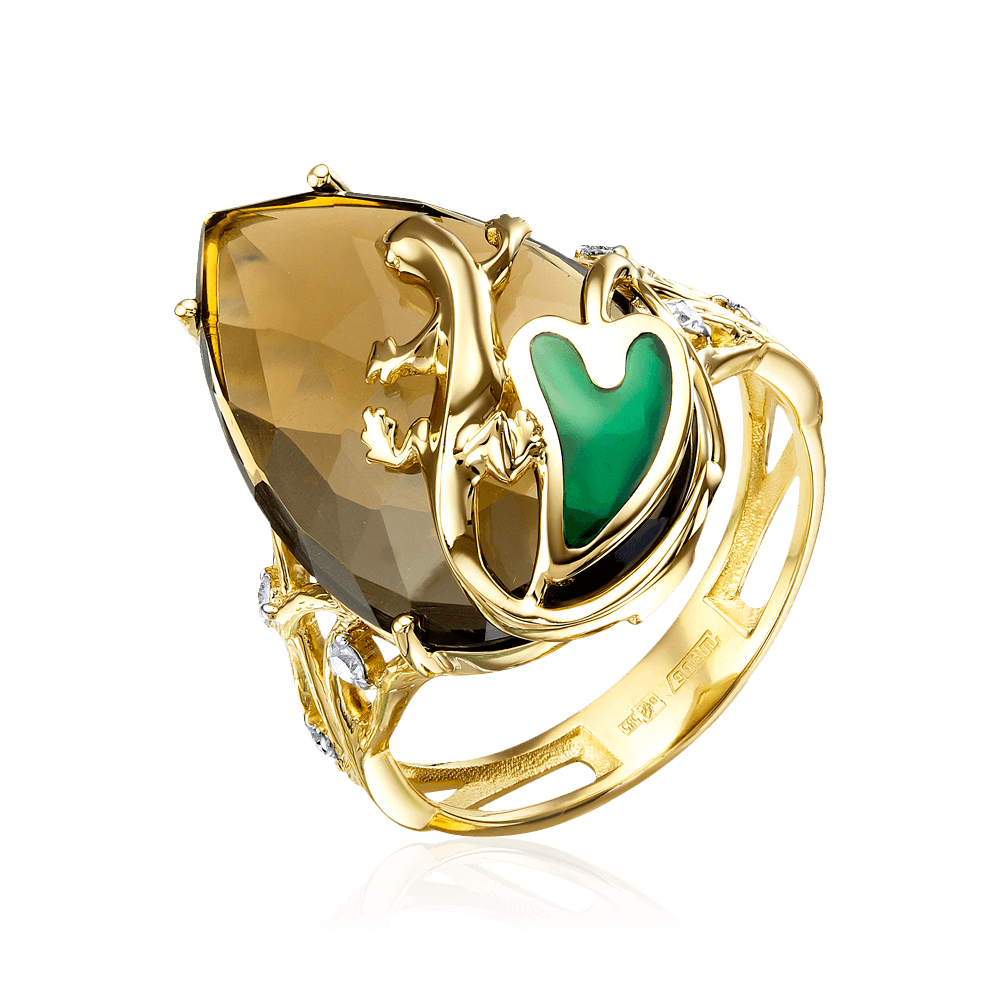Кольцо Ящерица с бриллиантами, кварцем, эмалью из желтого золота 585 пробы, фото № 1