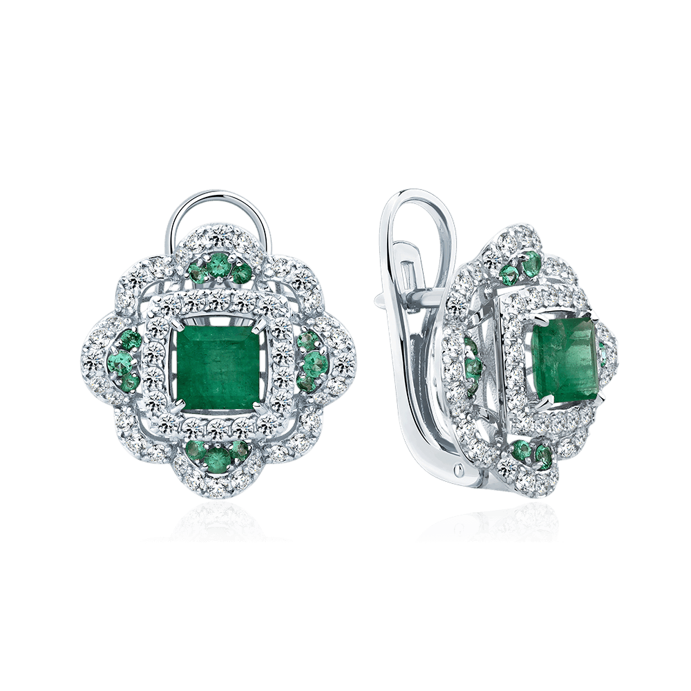 Серьги с изумрудом, бриллиантами из белого золота 585 пробы (арт. 134876)