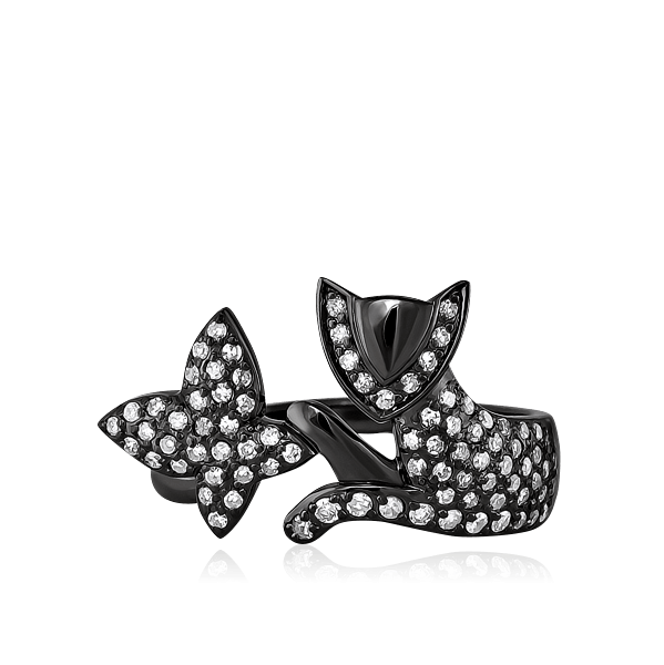 Драгоценное кольцо в форме чёрного котёнка, играющего с бабочкой, инкрустированное россыпью бриллиантов (арт. 45165)