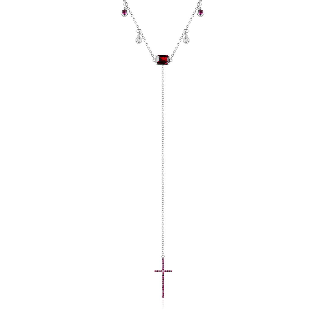 Колье крестик с гранатом, рубином, бриллиантами из белого золота 585 пробы (арт. 98658)