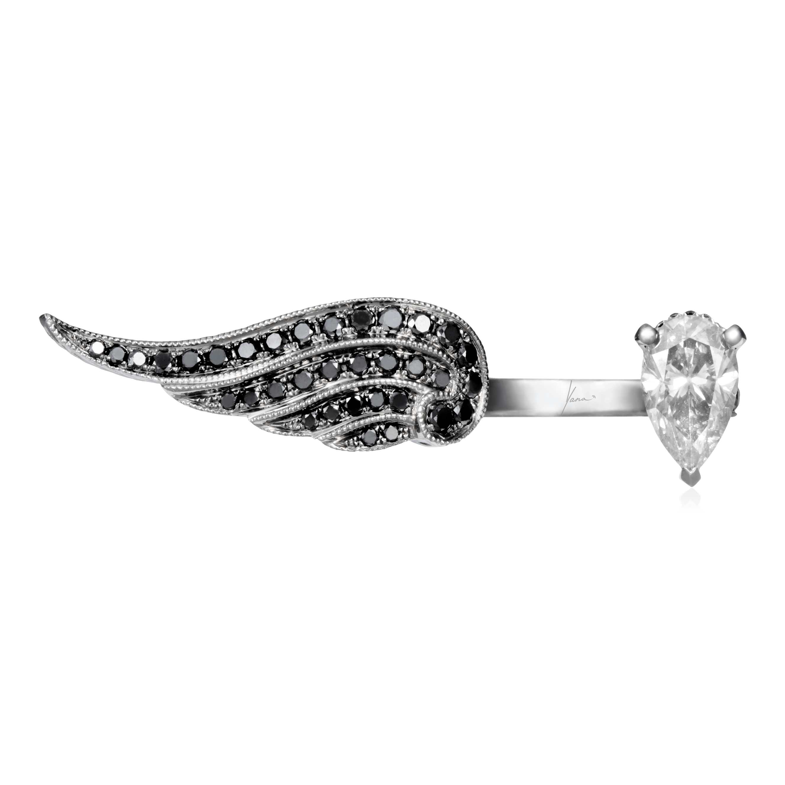 Разомкнутое кольцо Крыло с серым и черными бриллиантами из белого золота 750 пробы, фото № 1