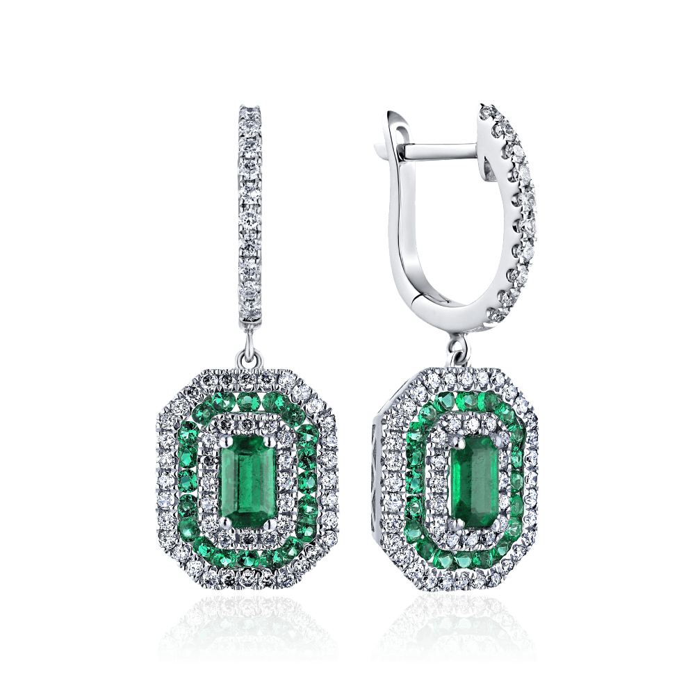 Серьги  с бриллиантами, изумрудом из белого золота 585 пробы (арт. 125015)