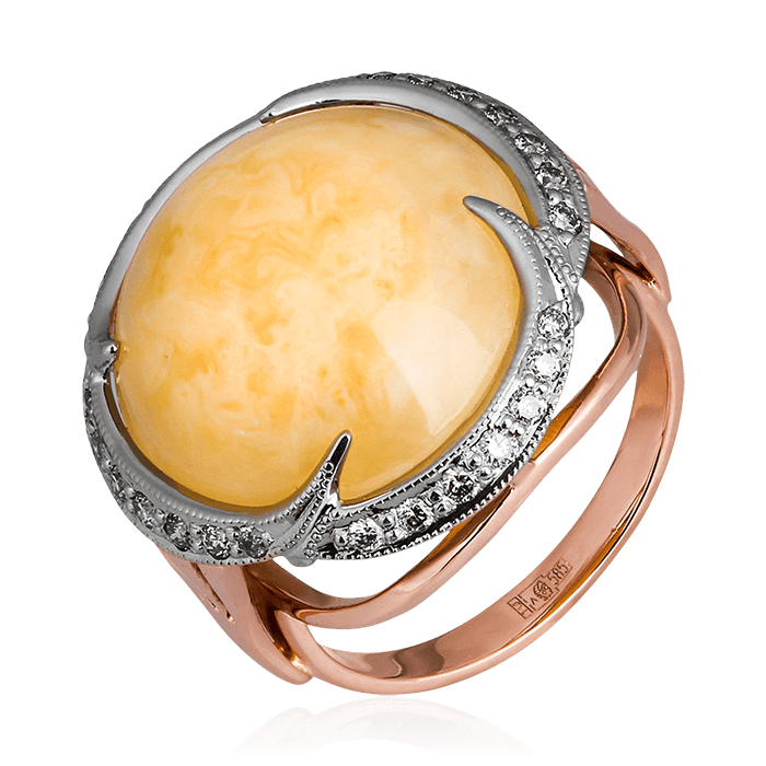 Кольцо с бриллиантами, янтарем из красного золота 585 пробы, фото № 1