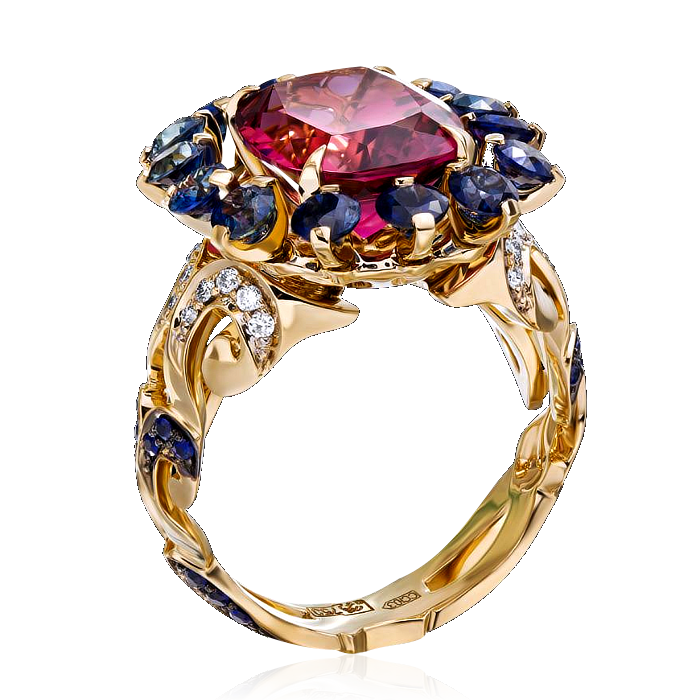 Кольцо с турмалином, бриллиантами, сапфиром из желтого золота 750 пробы, фото № 2