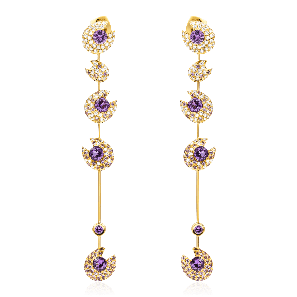 Серьги с фиолетовыми сапфирами, бриллиантами из желтого золота 750 пробы (арт. 102161)