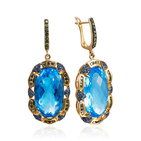 Серьги с топазом, сапфиром, бриллиантами из желтого золота 585 пробы, фото № 1