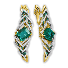 Серьги с изумрудом, бриллиантами из желтого золота 750 пробы (арт. 36595)