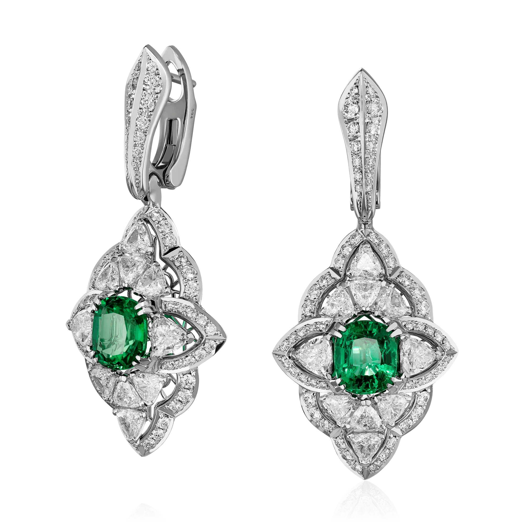Серьги с изумрудом, бриллиантами из белого золота 750 пробы (арт. 127168)