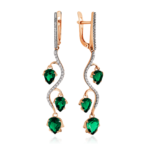 Серьги с изумрудом, фианитами из красного золота 585 пробы, фото № 1