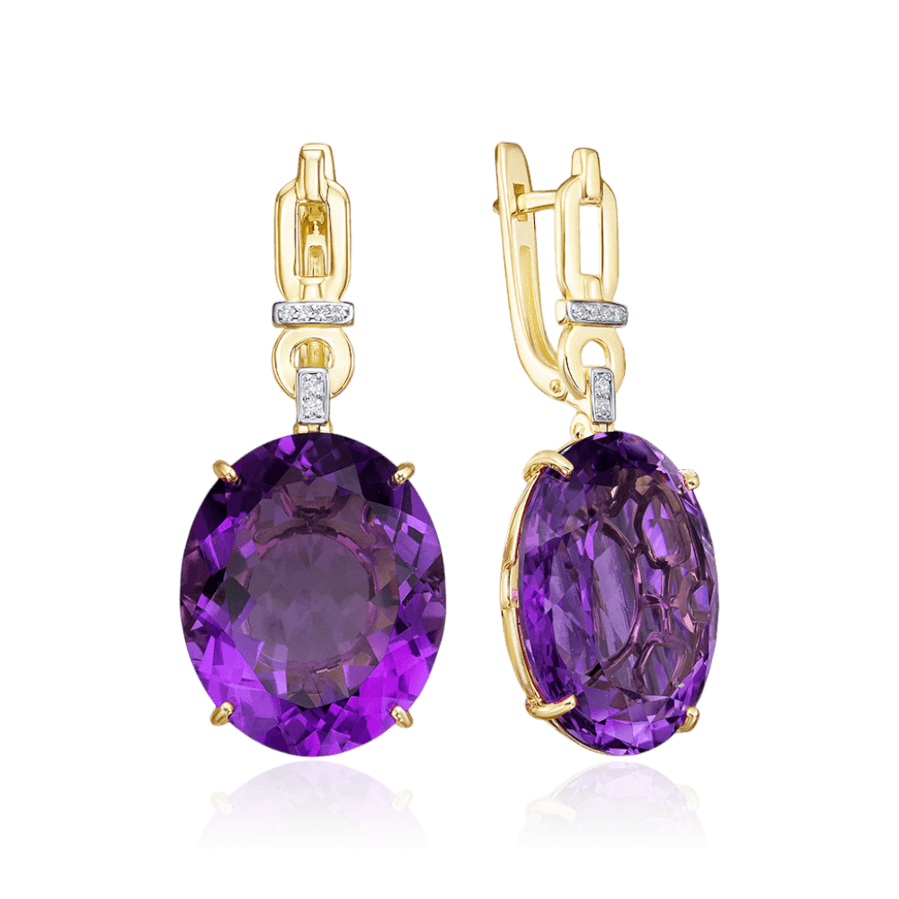 Серьги с аметистом, бриллиантами из желтого золота 585 пробы (арт. 132078)