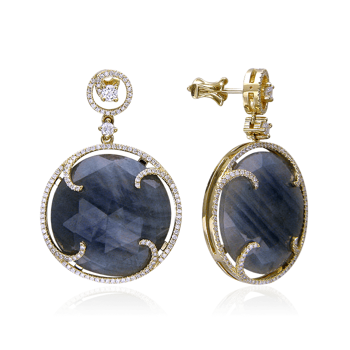 Серьги с корундом, бриллиантами из желтого золота 585 пробы (арт. 27192)