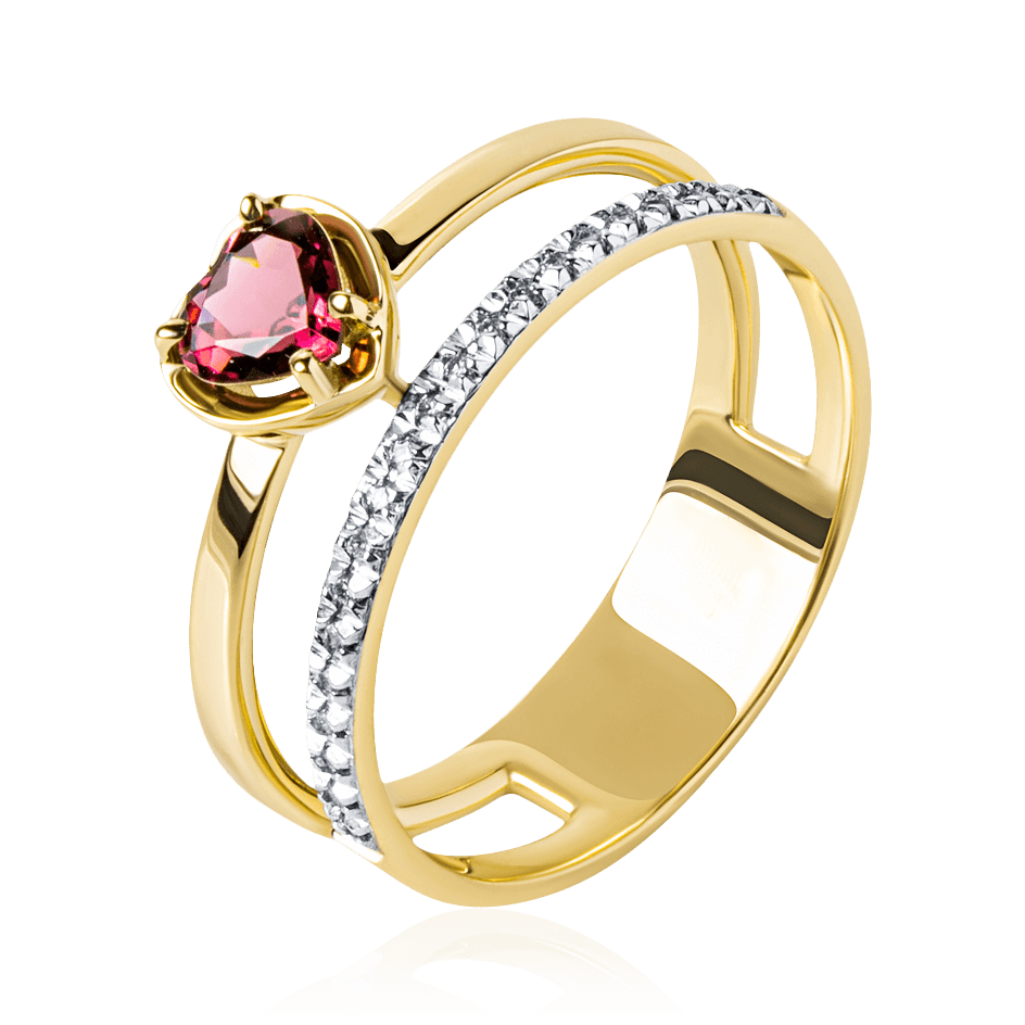 Кольцо огранки сердце с турмалином, бриллиантами из желтого золота 585 пробы, фото № 1