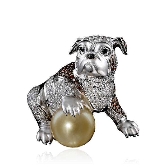 Кулон Бульдог с жемчугом, бриллиантами в белом золоте 585 пробы, фото № 1