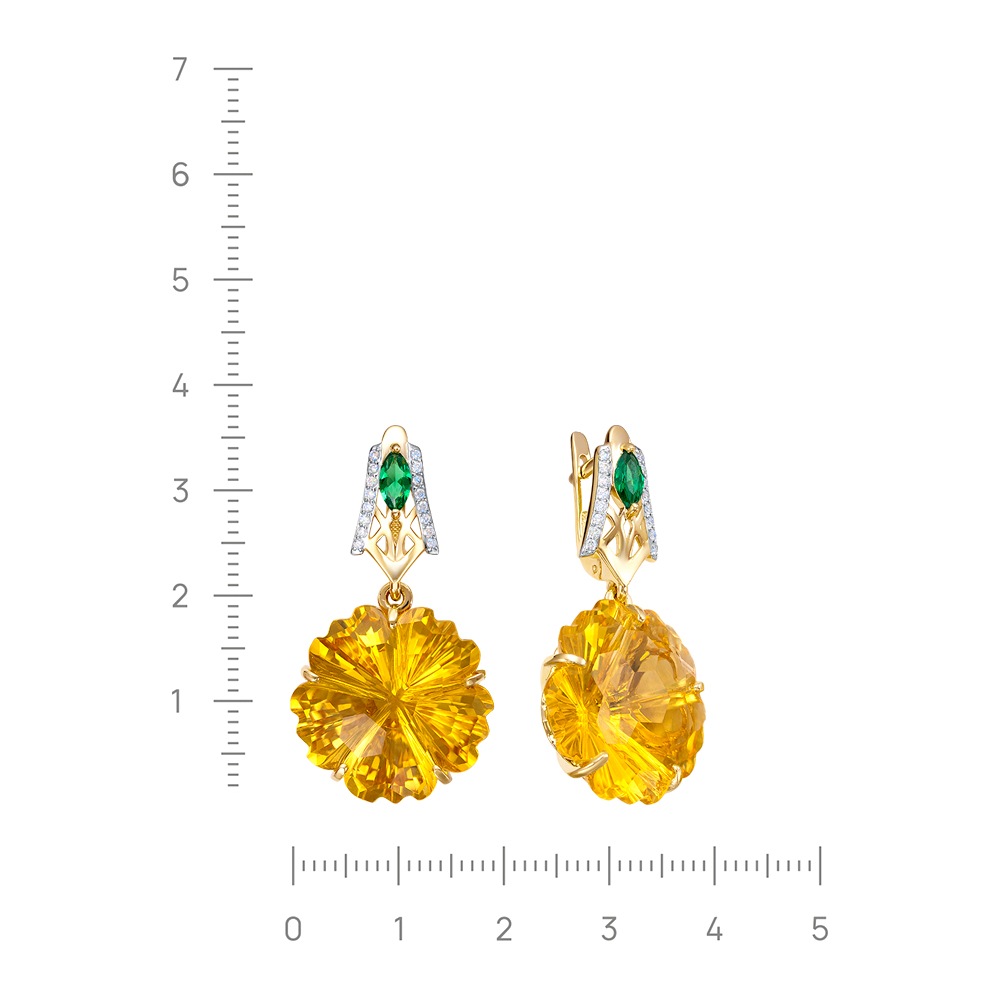 Серьги с цитрином, кварцем, бриллиантами из желтого золота 585 пробы, фото № 3