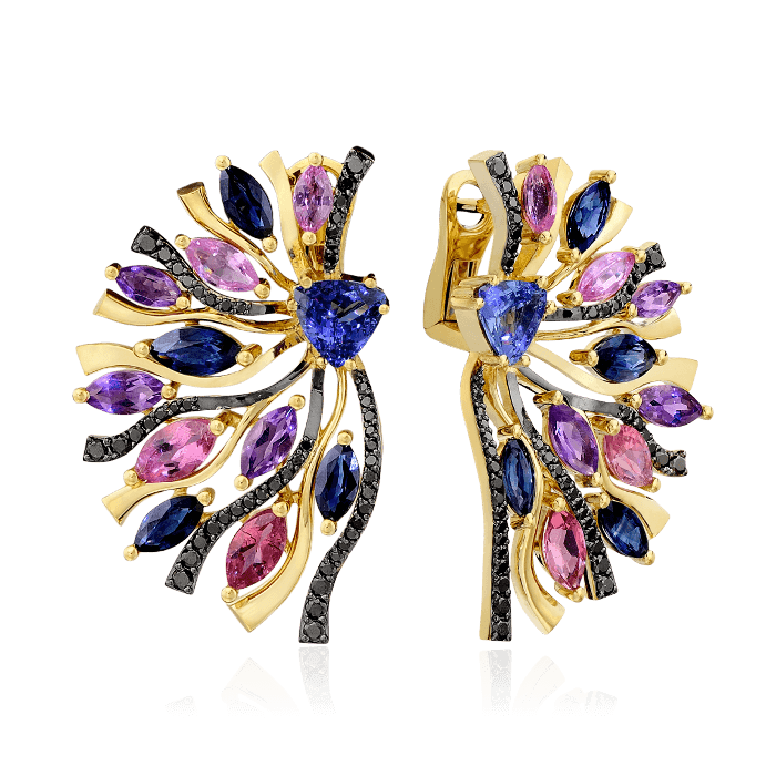 Серьги с танзанитами, синими и цветными сапфирами, бриллиантами, аметистами, турмалином из желтого золота 750 пробы (арт. 36235)