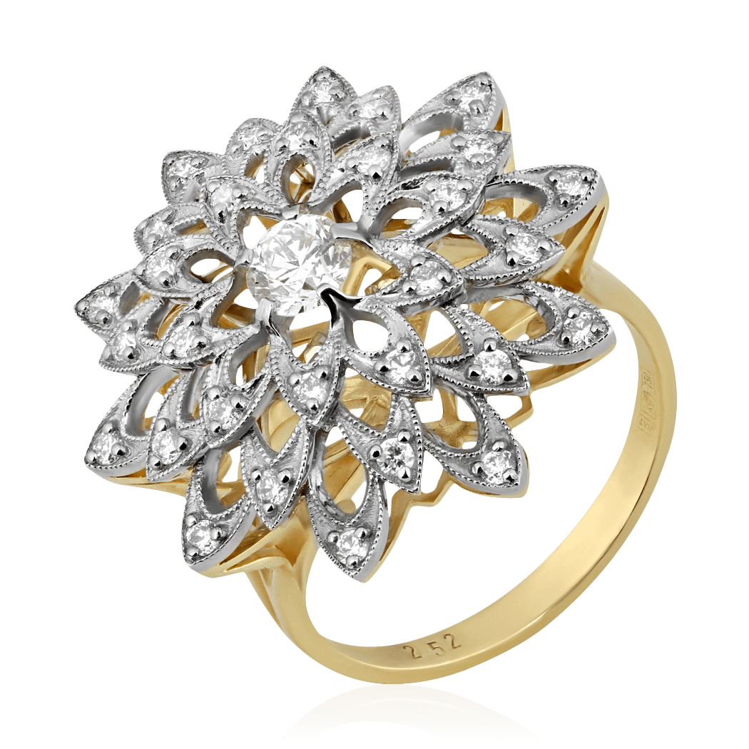 Кольцо в форме цветка с бриллиантами из желтого золота 750 пробы (арт. 93565)