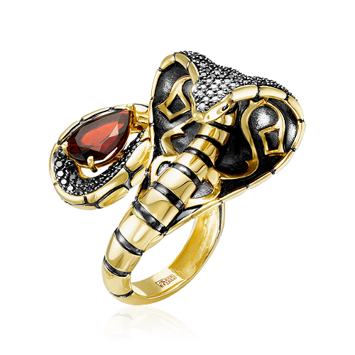 Кольцо Кобра с гранатом, бриллиантами из комбинированного золота 585 пробы, фото № 1