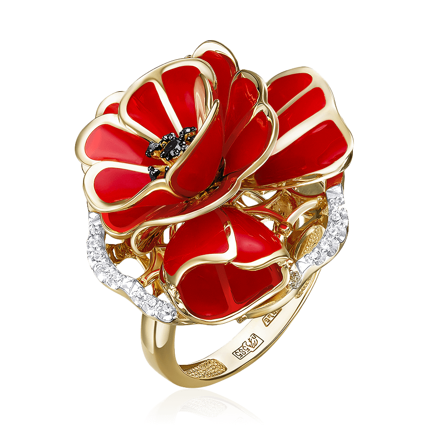 Кольцо Маки с бриллиантами, эмалью из желтого золота 585, фото № 1