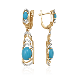 Серьги с бирюзой, бриллиантами из красного золота 585 пробы (арт. 38542)