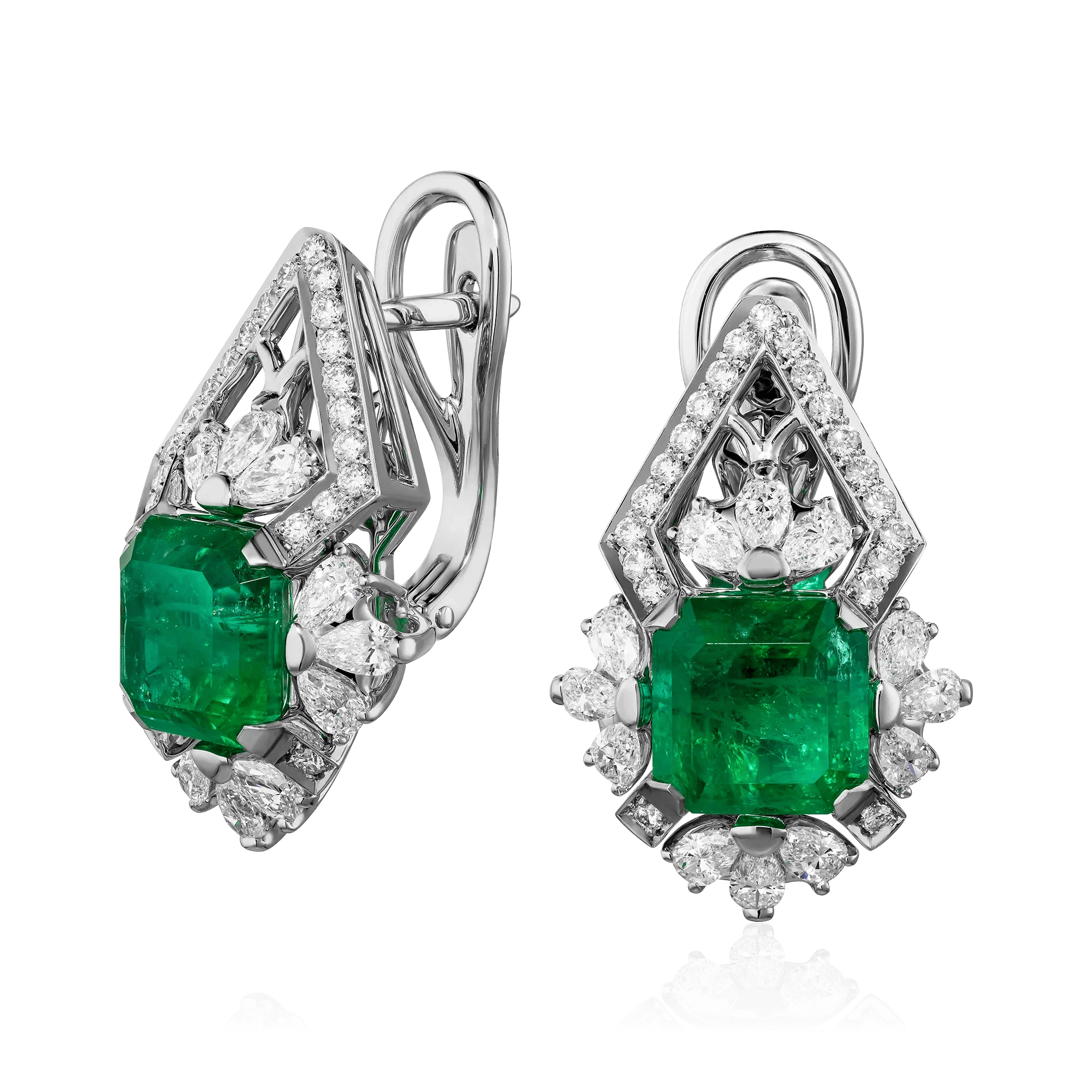 Серьги с изумрудом, бриллиантами из белого золота 750 пробы (арт. 127464)